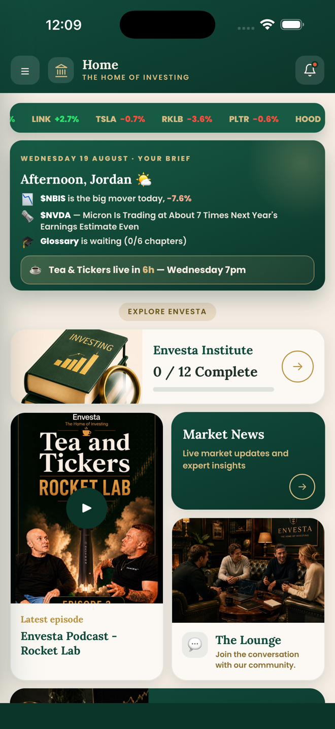 The Envesta app home screen, showing the daily brief and the six areas of the app.